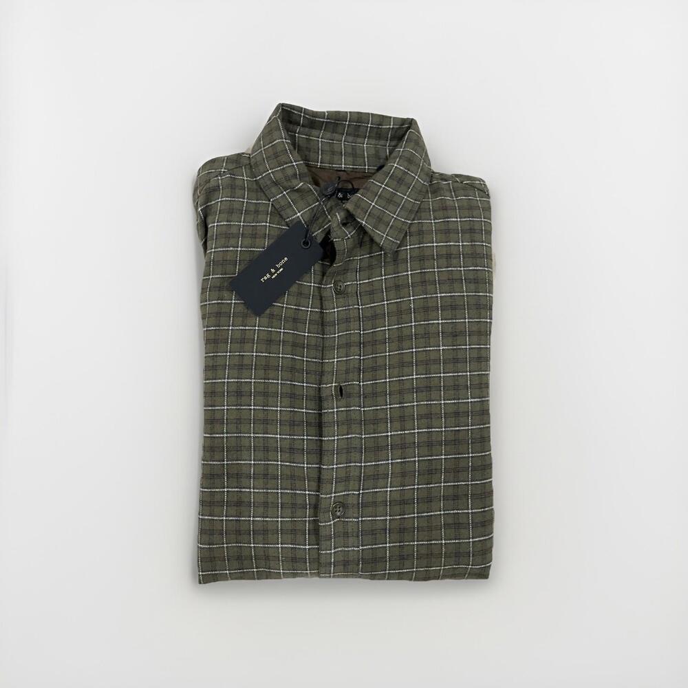 NWT RAG AND BONE MENS FLANNEL SHIRT FIT 2 SMALL ARMY GREEN PLAID GREAT COND!